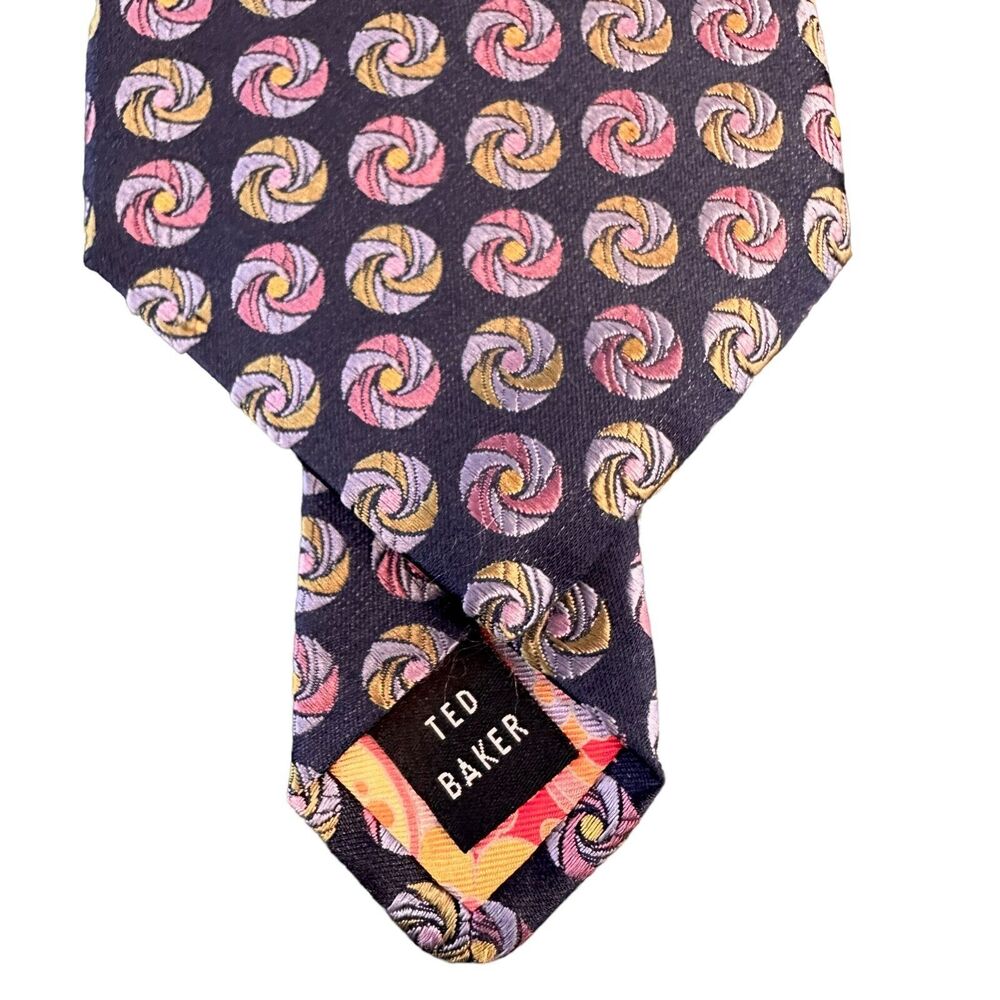 TED BAKER London 100% Silk Men's Neck Tie Navy Blue Pinwheel Swirls Purple Pink